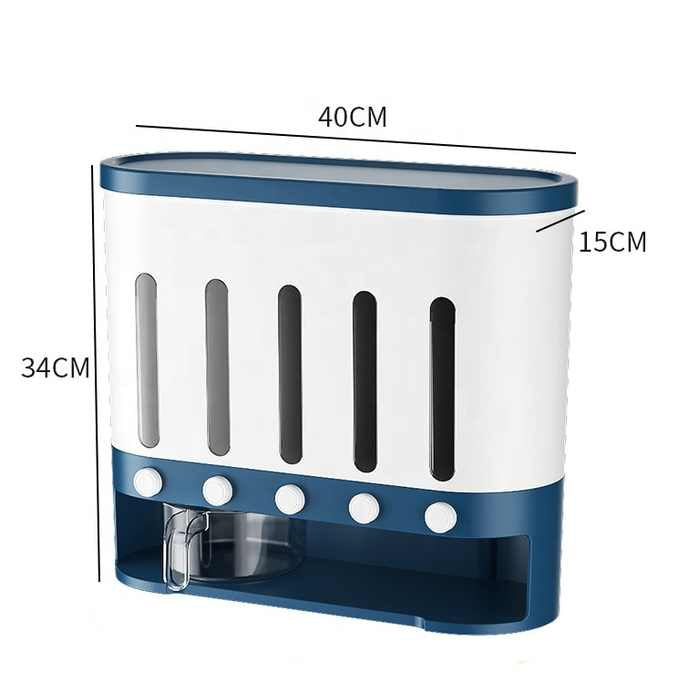 Wall Mounted 5-Grid Dry Food Dispenser with its size