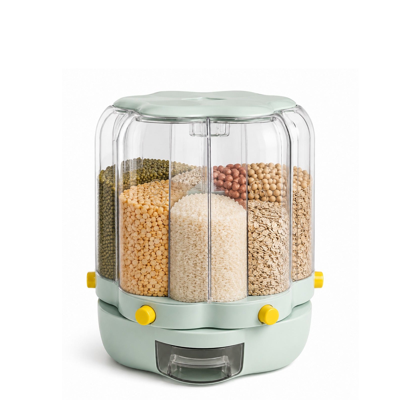 10L Rotating Rice Barrel Multi-Grain Storage Container with compartments filled with various grains on a white background