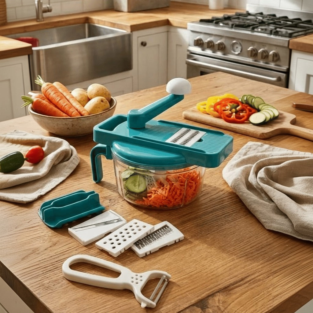 12-in-1 Food Processor Grater & Vegetable Cutter Set with Chopped Vegetables Kept on a Table.