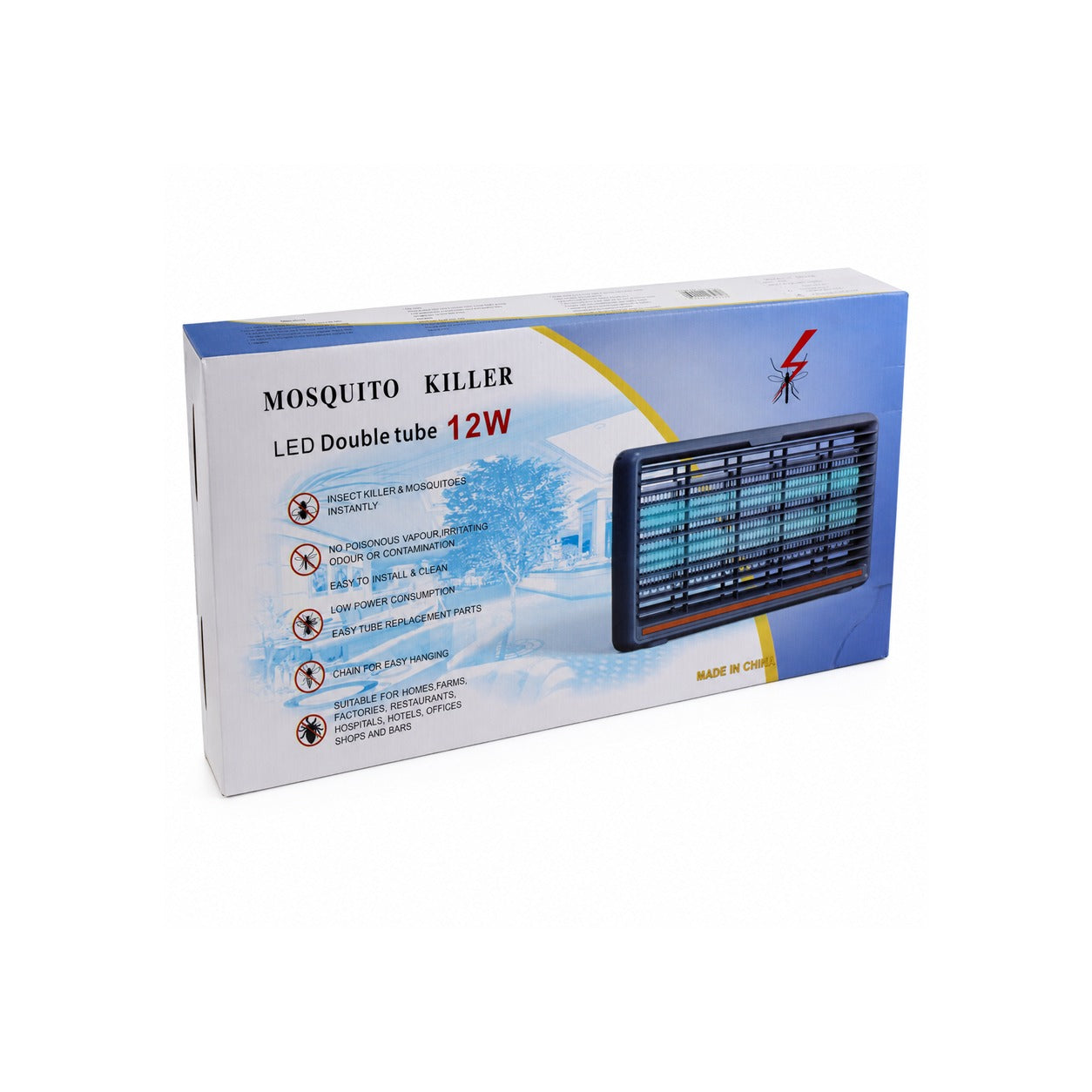 Box of a mosquito killer with LED double tube 12W on a white background
