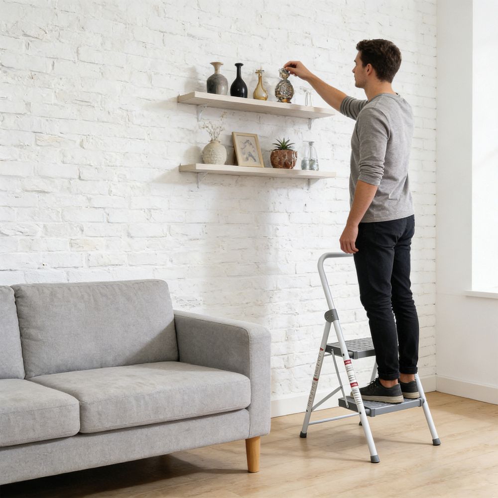 A man standing on a 2-step folding step stool, arranging decorative items on a wall shelf in a modern living room