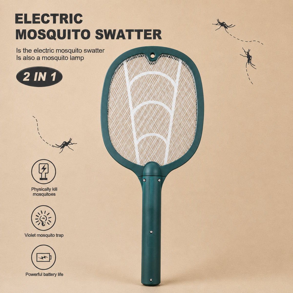 2-in-1 Electric Mosquito Swatter Racket with UV Mosquito Lamp, Rechargeable Bug Zapper Killer