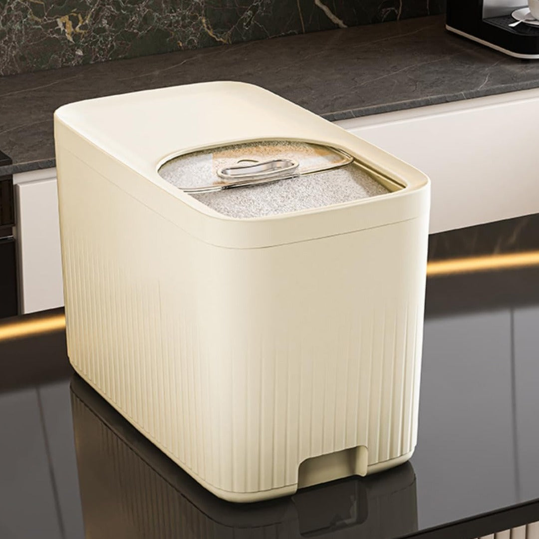 20L Multi-Functional Rice Storage Buckets on a reflective surface with a marble countertop in the background