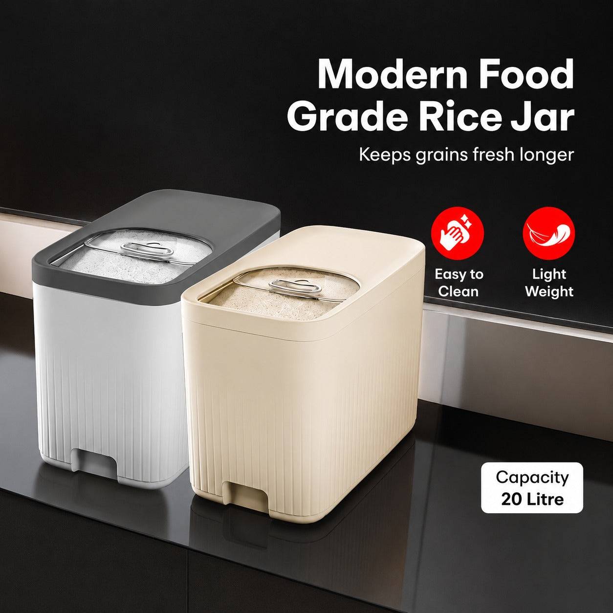 Two 20L Multi-Functional Rice Storage Buckets with a black background, featuring text about their benefits.
