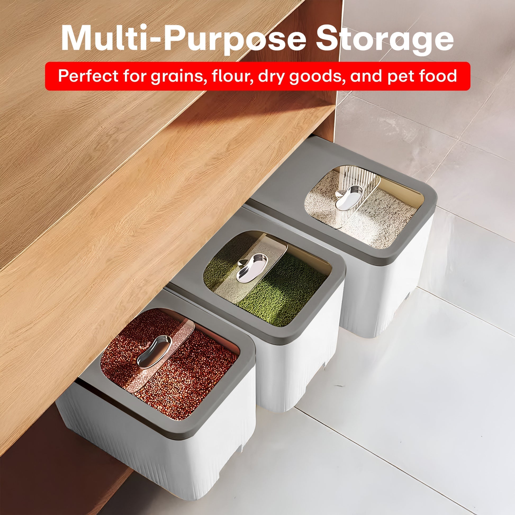 20L Multi-Functional Rice Storage Buckets with grains under kitchen cabinet.