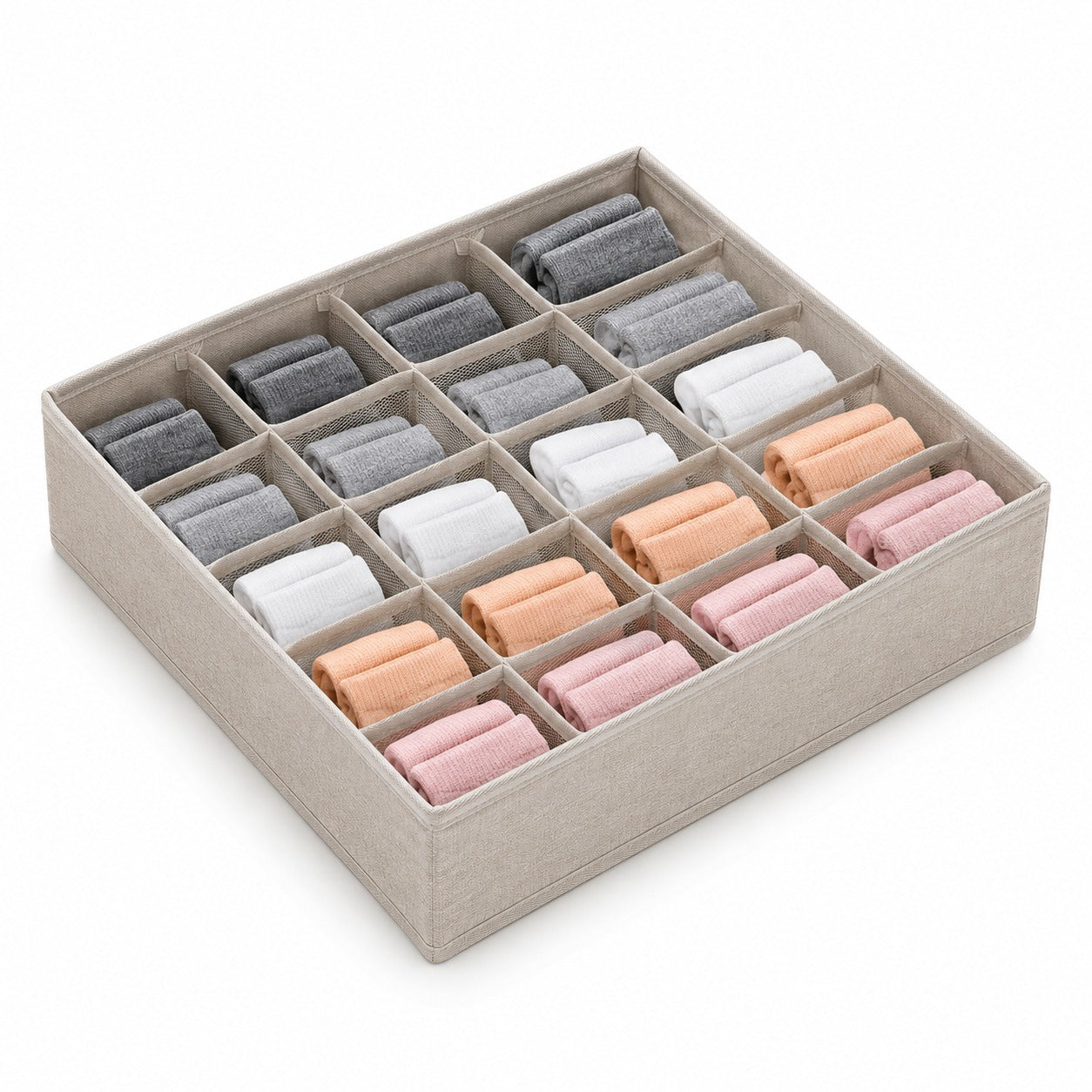 20 Grid Foldable Drawer Organizer Storage Box with neatly folded socks in various colors on a white background