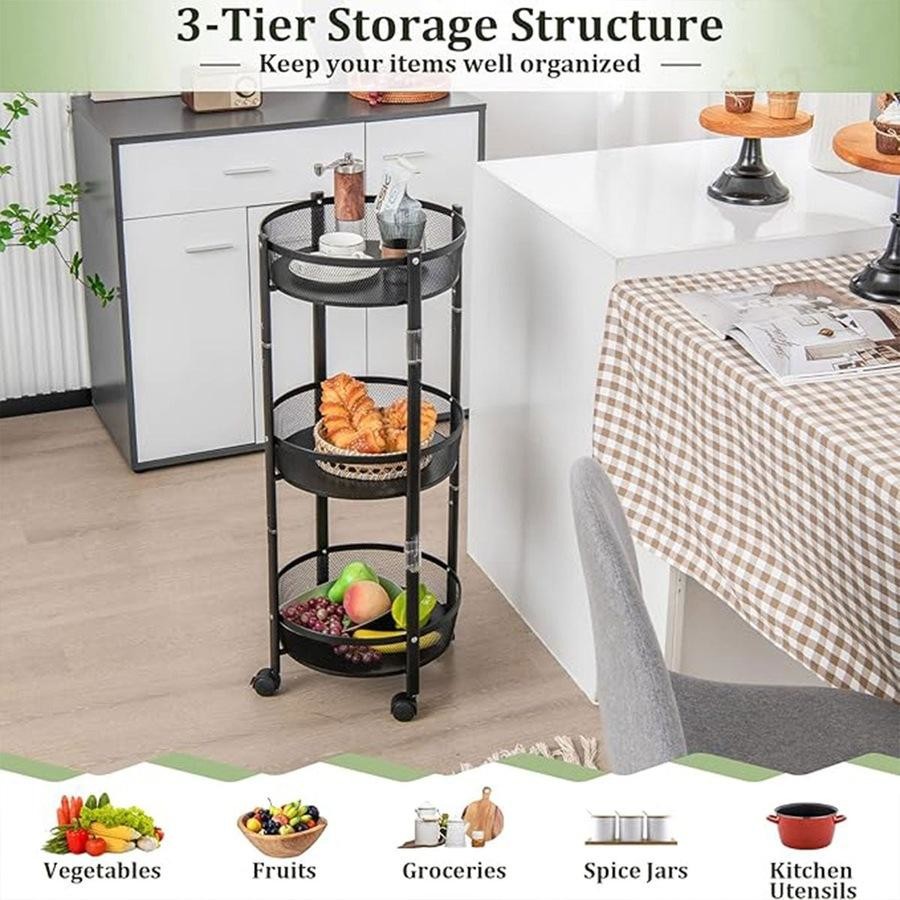 3-Tier Circular Storage Rack with various items on a kitchen floor.