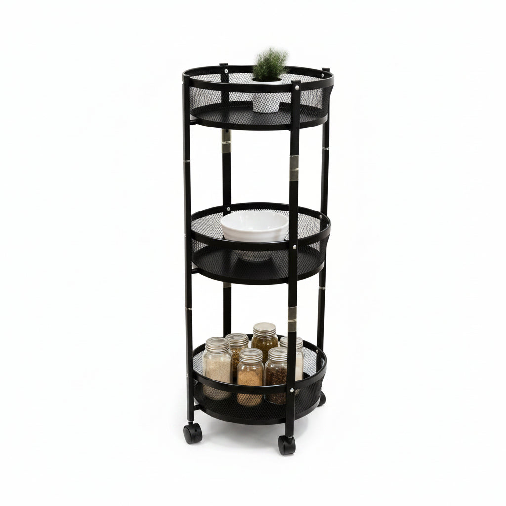 3-Tier Circular Storage Rack with spice jars in a kitchen setting