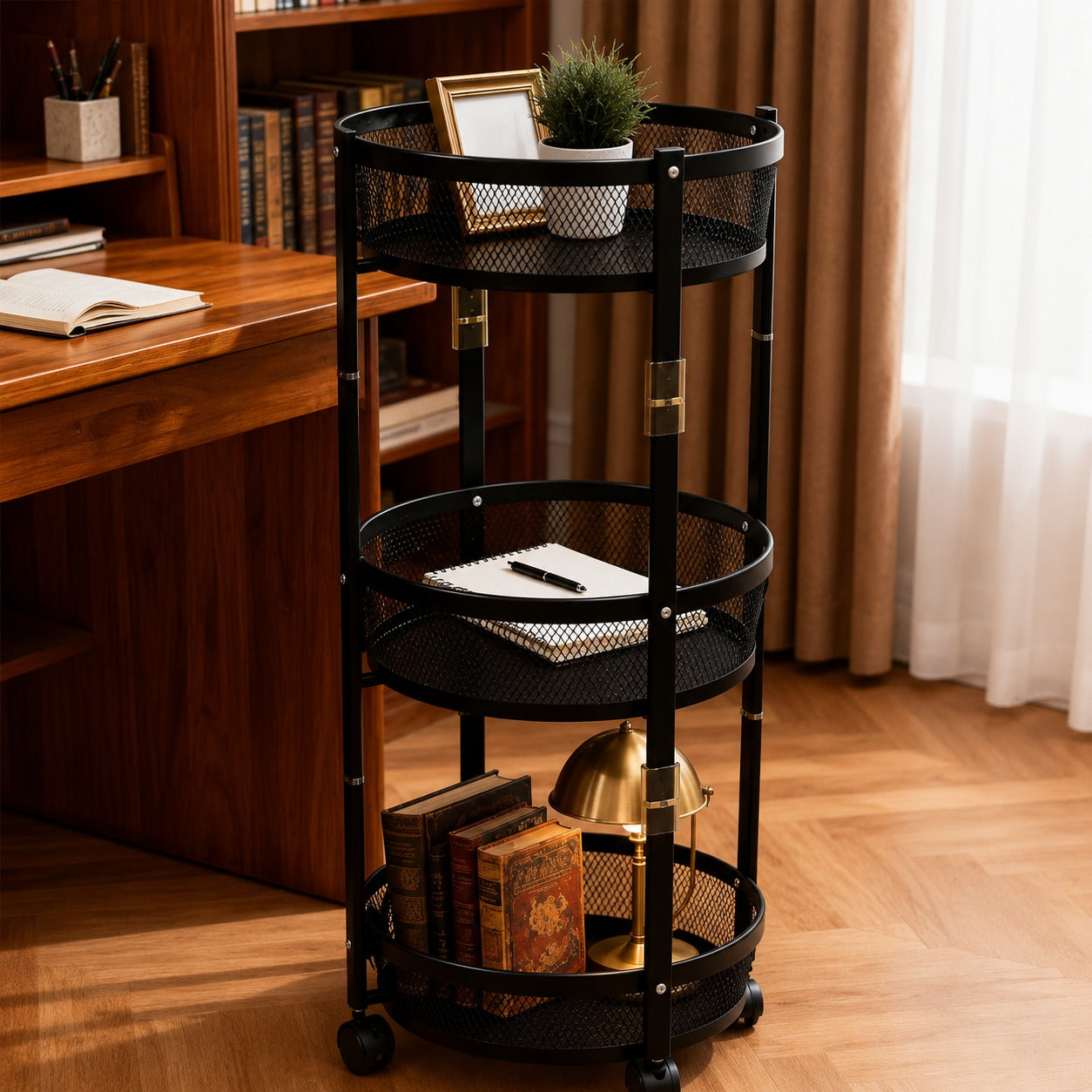 3-Tier Circular Storage Rack with books and decor items in a home office setting