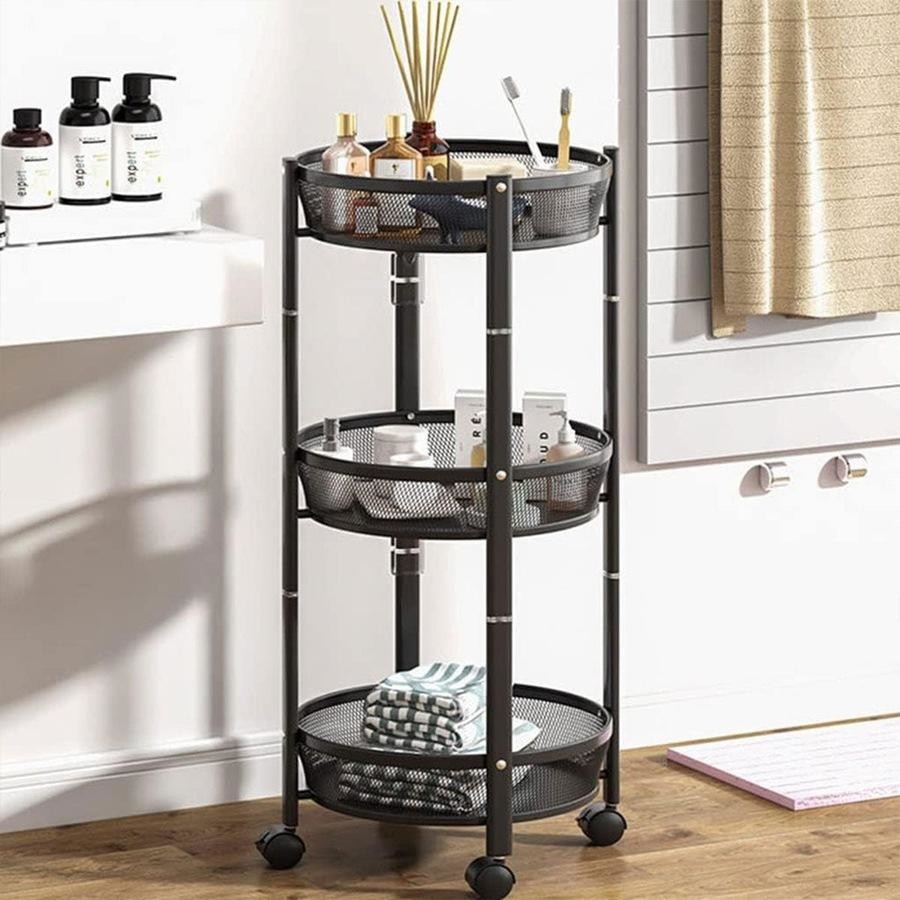 3-Tier Circular Storage Rack with three tiers in a bathroom setting.