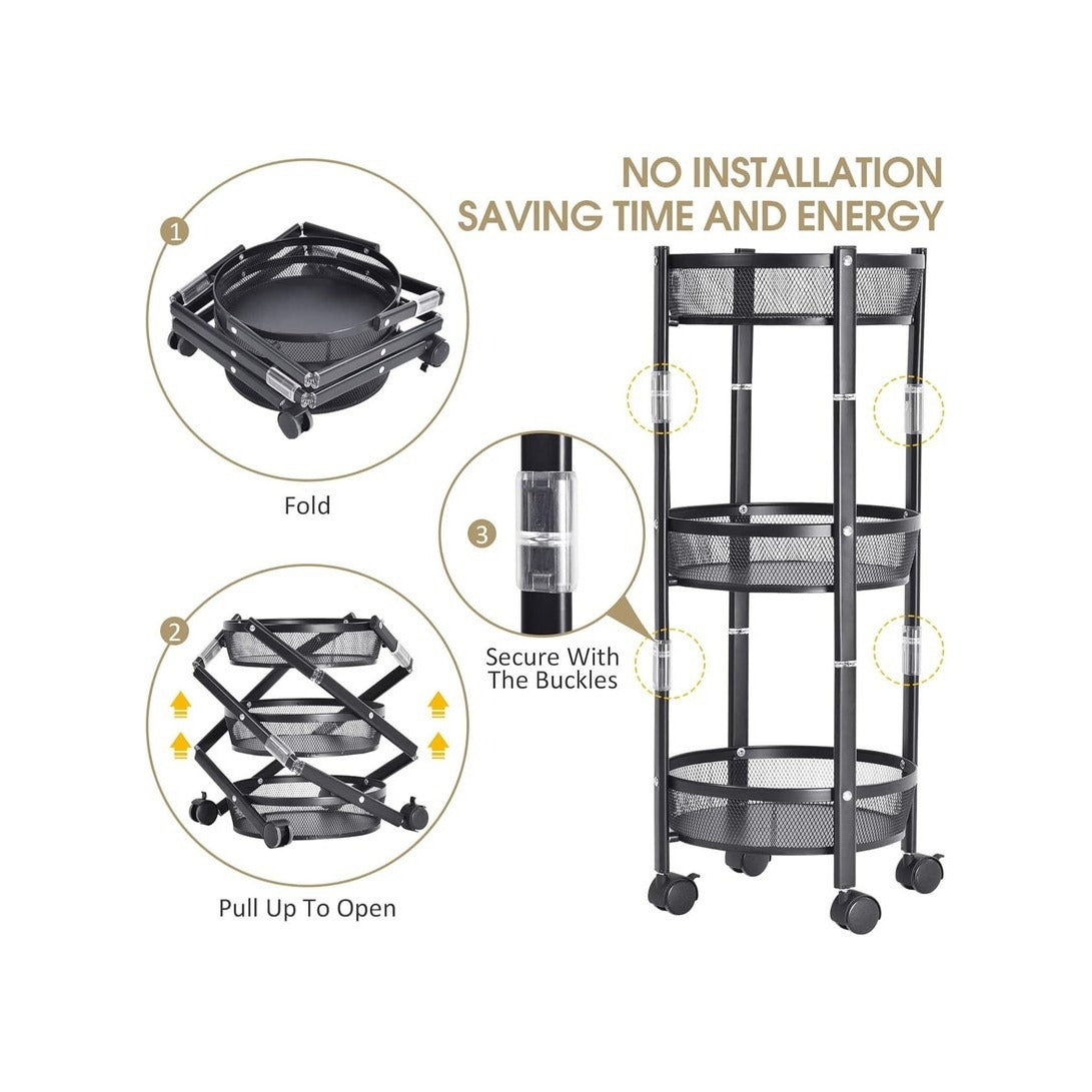 3-Tier Circular Storage Rack with assembly instructions on a white background