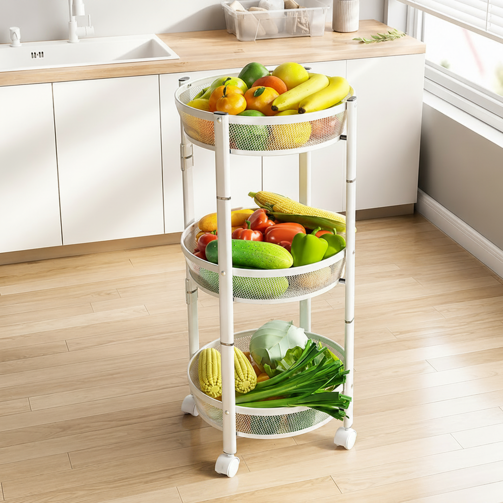 3-Tier Circular Storage Rack with fresh fruits and vegetables in a kitchen setting