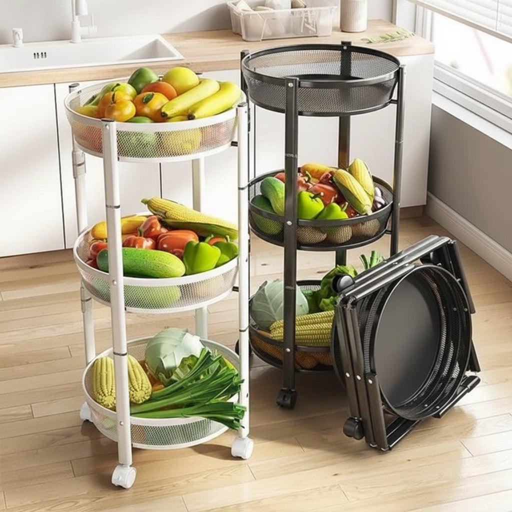 3-Tier Circular Storage Rack with produce on a wooden floor, next to a window.