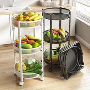 3-Tier Circular Storage Rack with produce on a wooden floor, next to a window.
