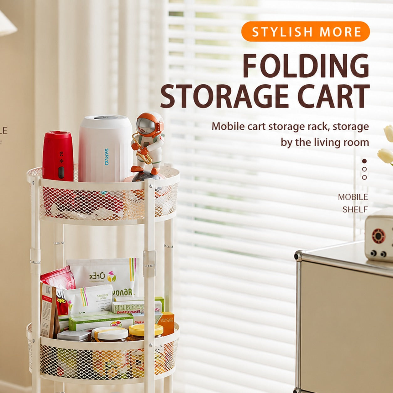 3-Tier Circular Storage Rack with various items against a neutral background