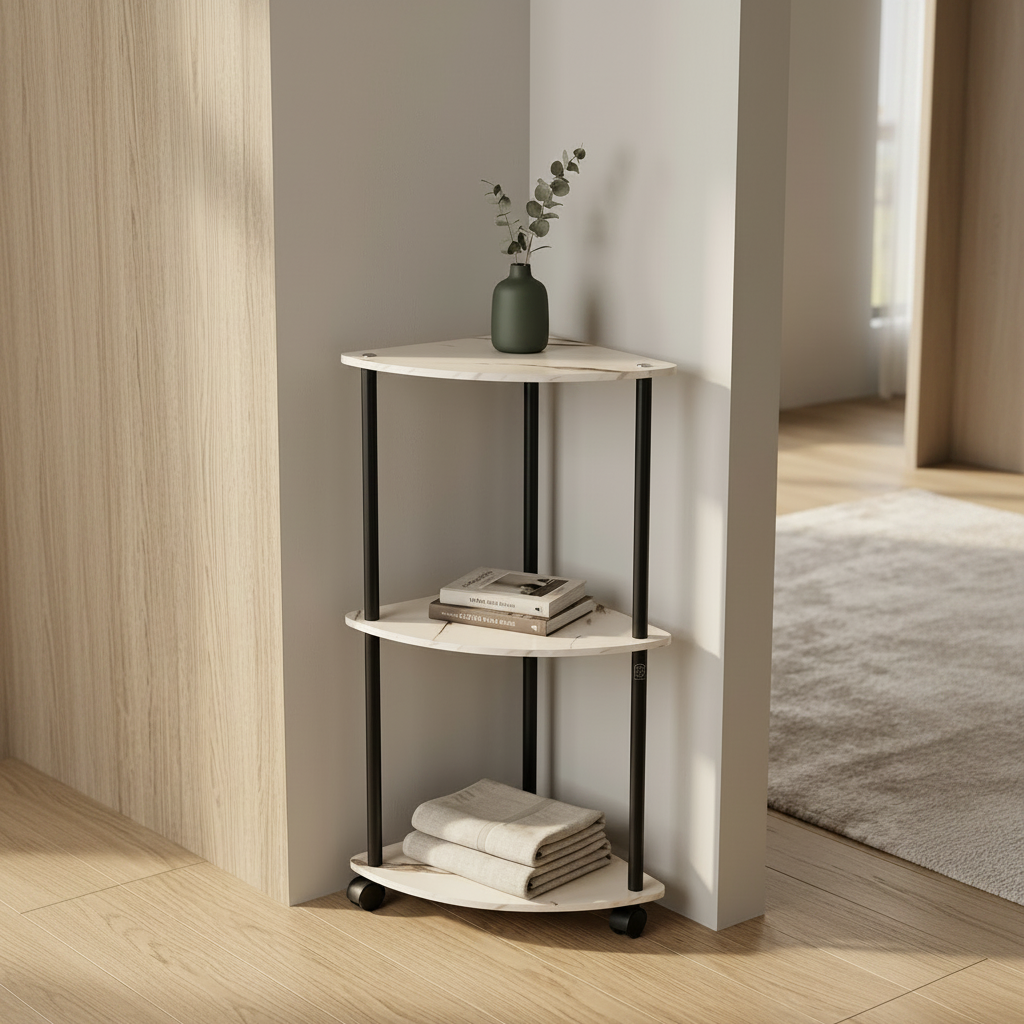Three-tiered shelf with books and a vase in a room setting