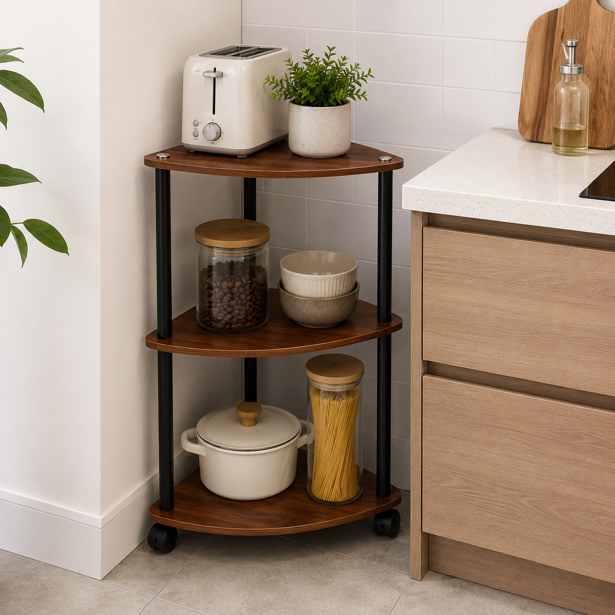 Three-tier wooden shelf with kitchen items in a kitchen setting