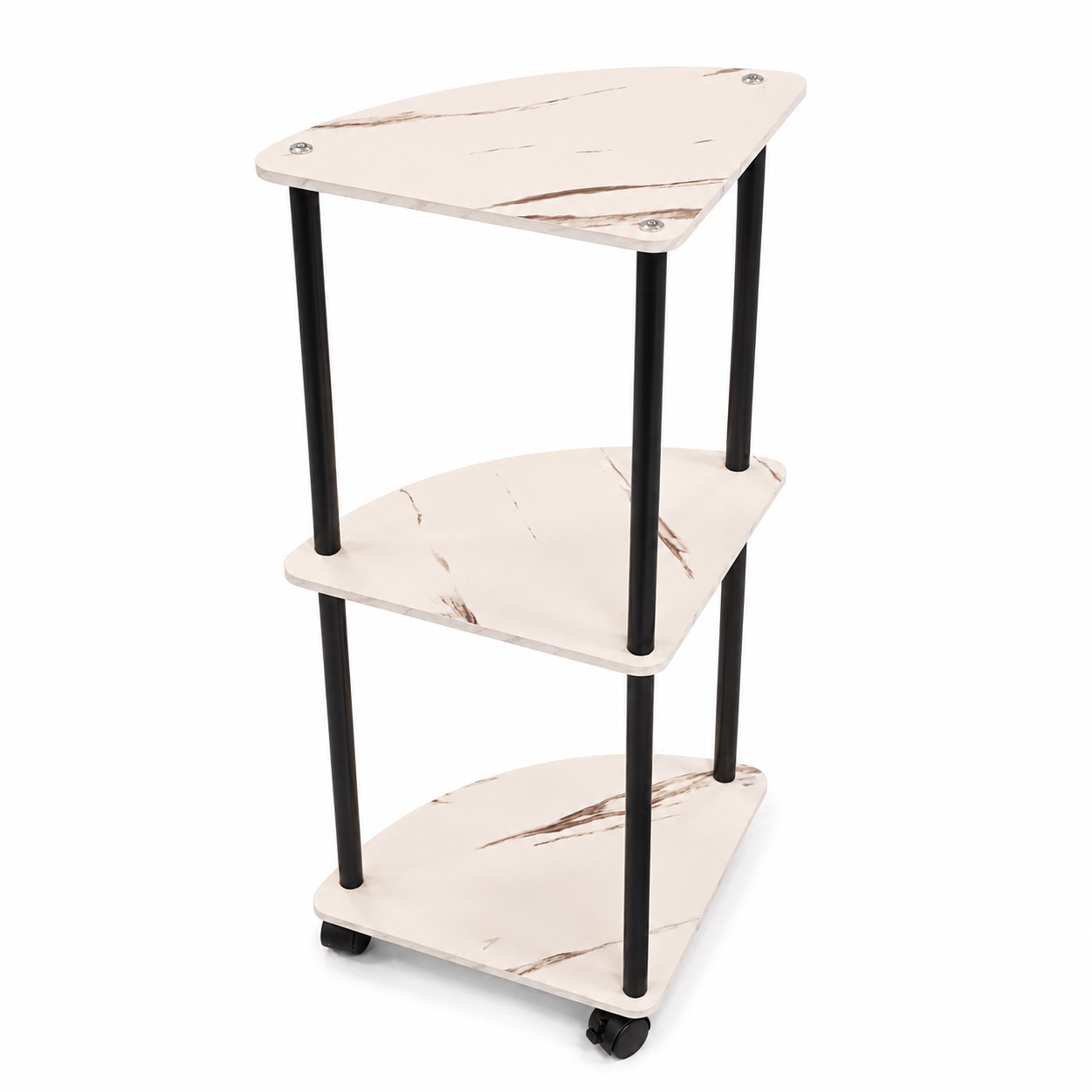 Three-tiered marble-patterned shelf with black legs on a white background