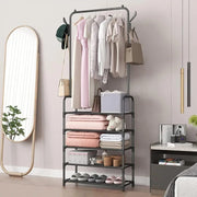 3-in-1 Floor Standing Clothes Rack with Cloths, Bags, Cheppal and Other Home Essentials are Organized.