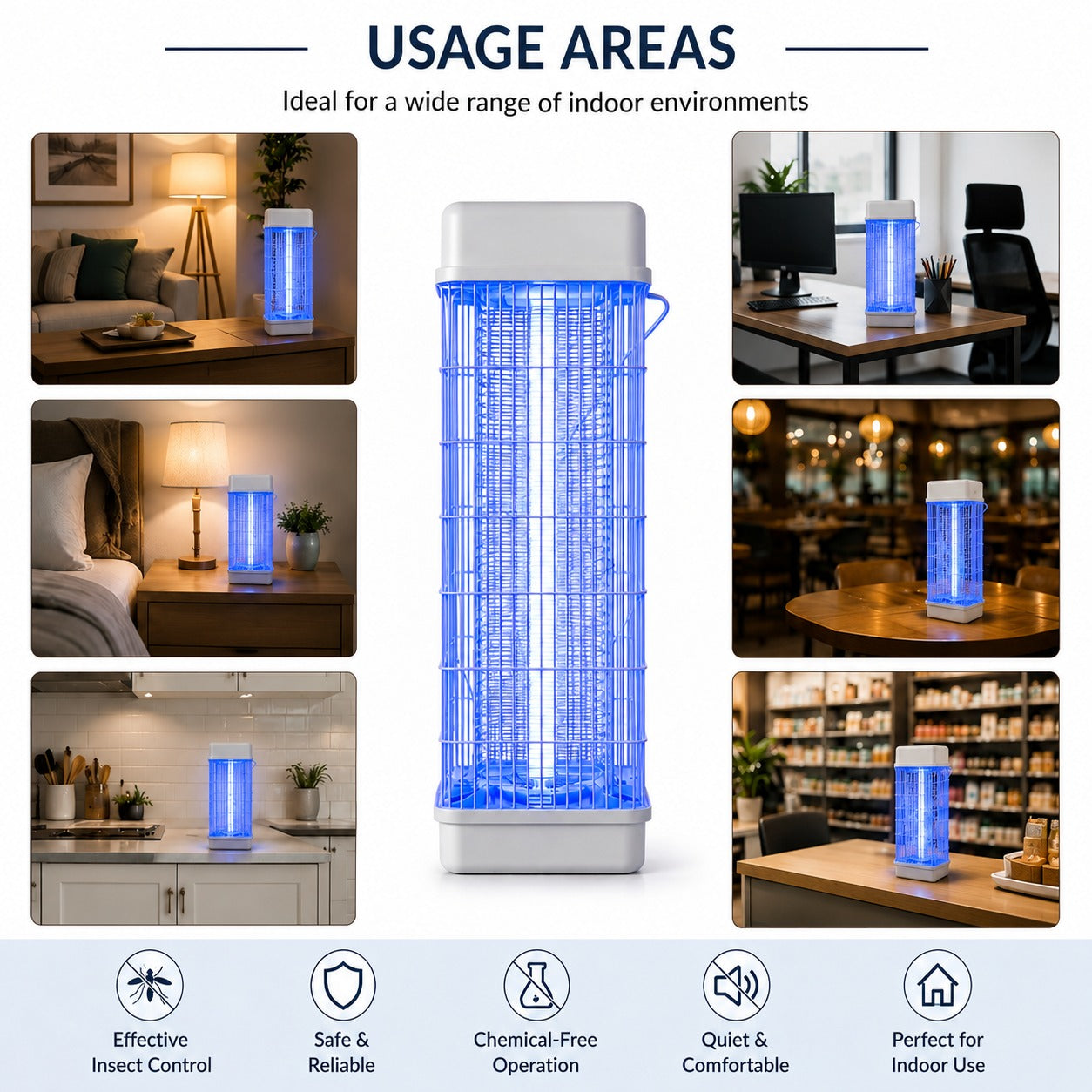 360° Electric Insect Killer Lamp with usage area examples in various indoor settings.