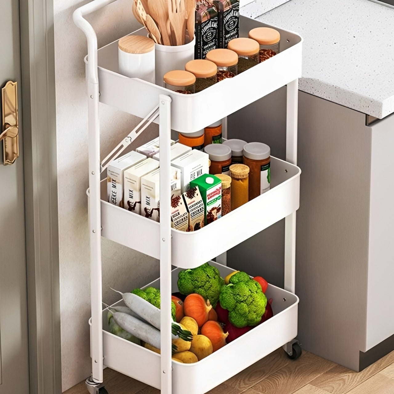 3-Tier Rolling Metal Storage Cart with kitchen essentials.