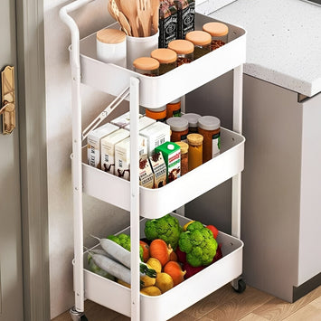 3-Tier Rolling Metal Storage Cart with kitchen essentials.