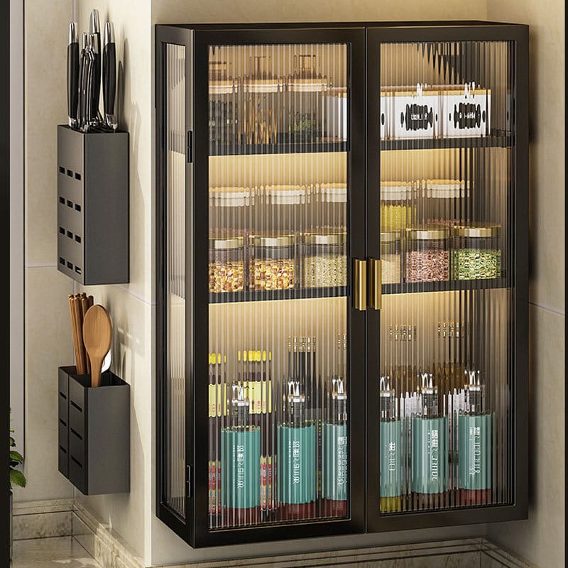 Home Storage Rack Shelf With Cabinet Doors With Kitchen Items.