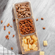 3 Pcs Glass Serving Bowls with nuts and chips on a textured surface