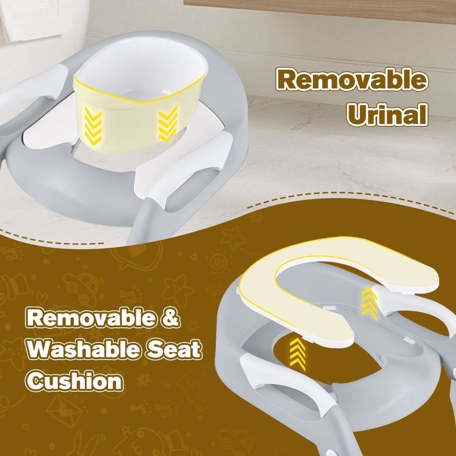 Removable urinal and seat cushion of 3-in-1 Multifunctional Baby Toilet Training Seat with text on a brown background