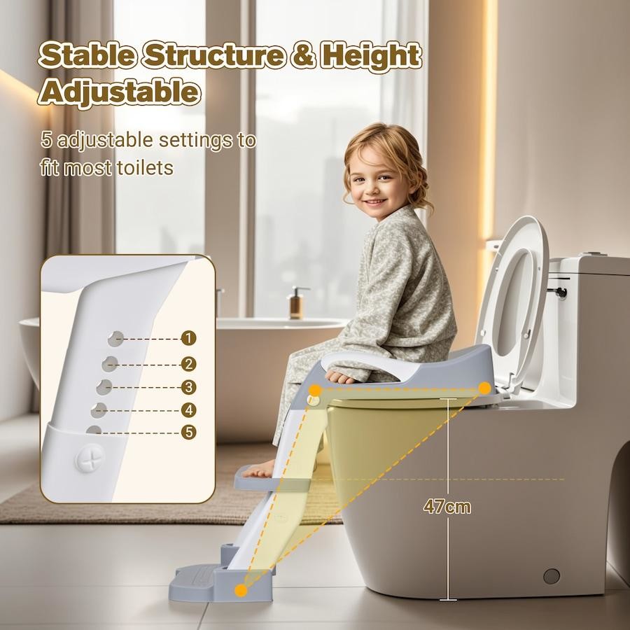 Child using a toilet with 3-in-1 Multifunctional Baby Toilet Training Seat with text highlighting stability and adjustable settings.