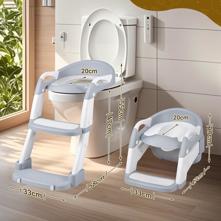 Children's toilet seat with step stool next to a toilet, showing measurements.