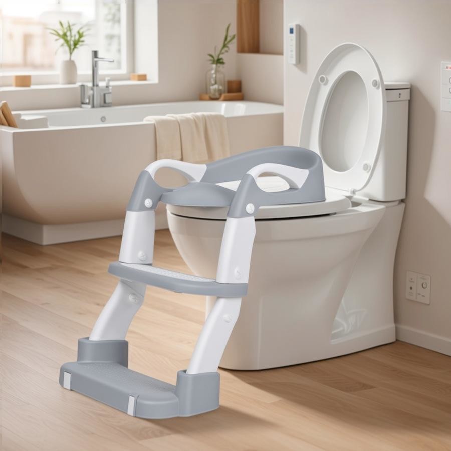 Bathroom with a toilet and a step stool in front of it