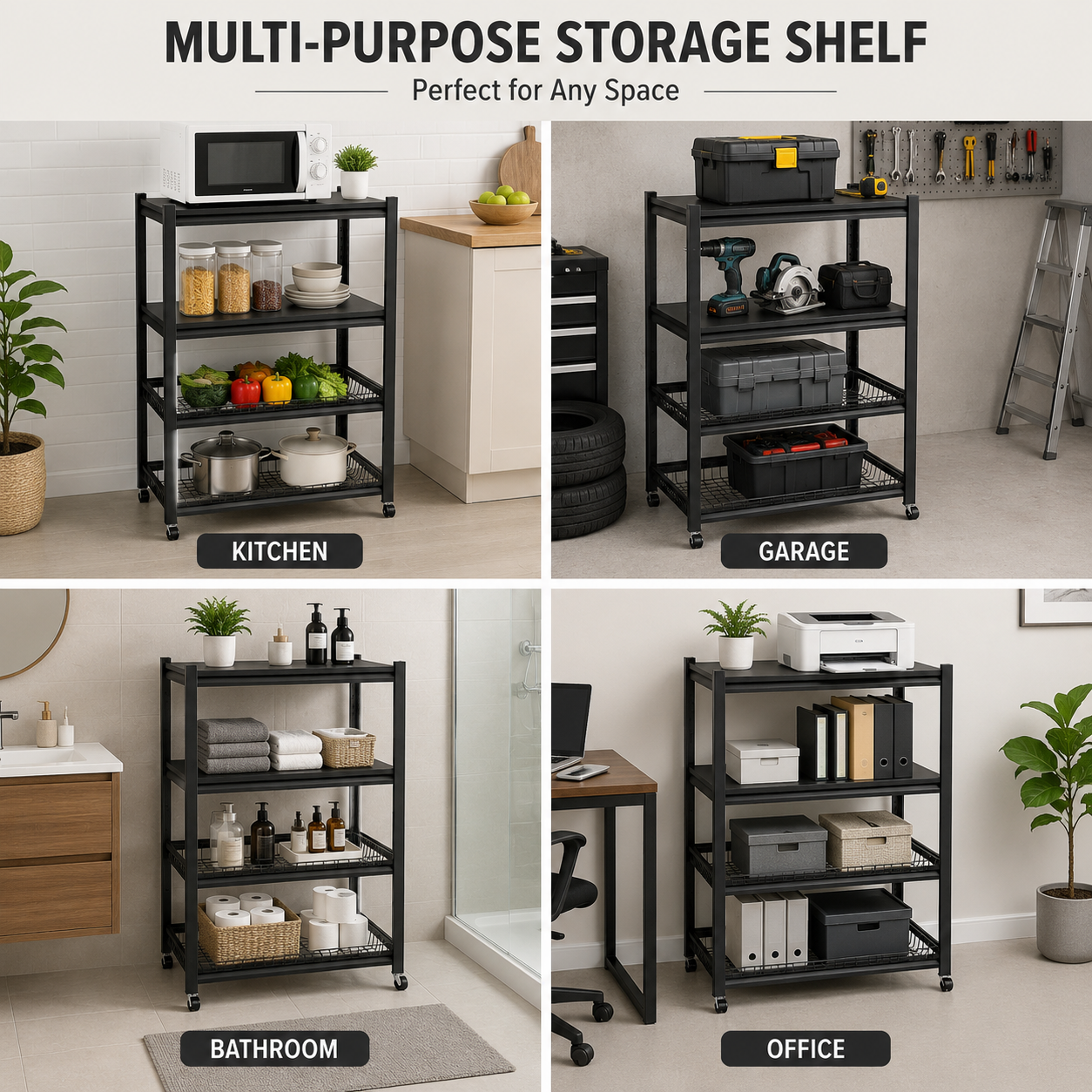4-Tier Rolling Kitchen Storage Rack shown in various settings including kitchen, garage, bathroom, and office.