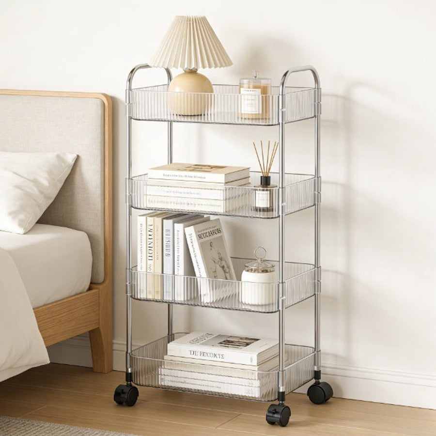 4-Tier Rolling Storage Cart with books and decor items in a bedroom setting