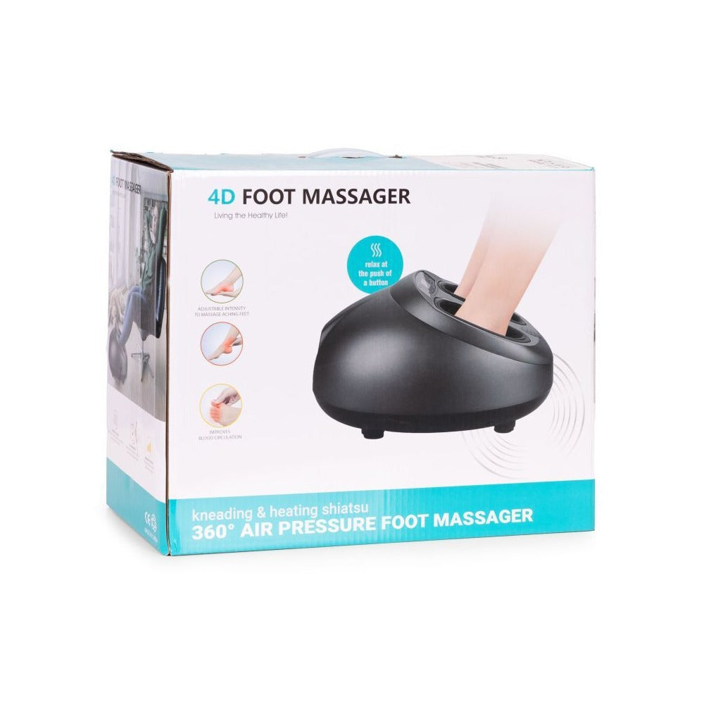 Box of a 4D Foot Massager with images and text on a white background