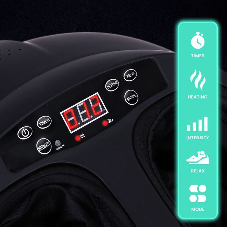 Control panel of a 4D Foot Massager with digital display and icons for timer, heating, intensity, relax, and mode.