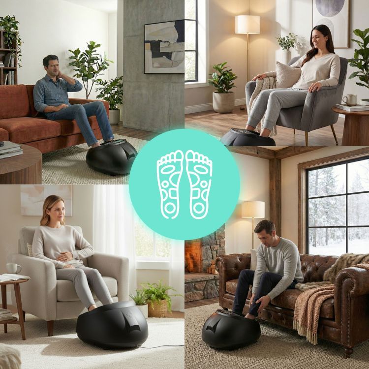 People using 4D Foot Massager in various living room settings with a central logo.