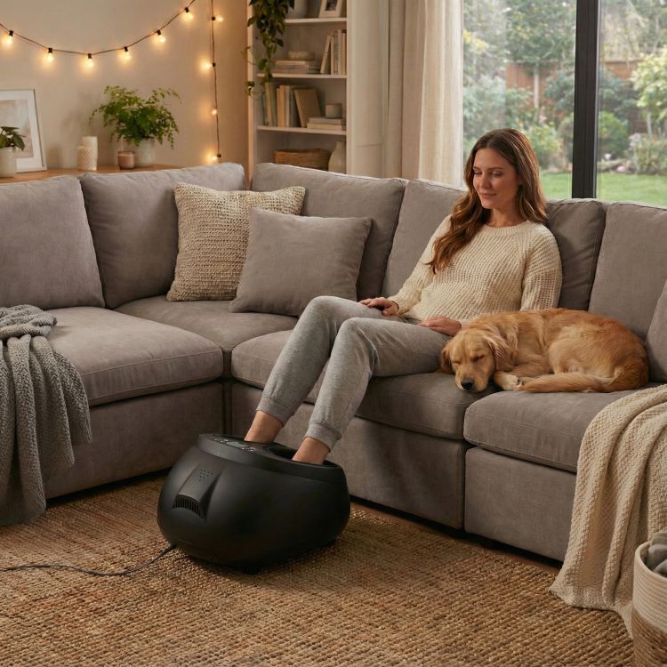 Woman sitting on a couch with a dog using a 4D Foot Massager in a cozy living room.