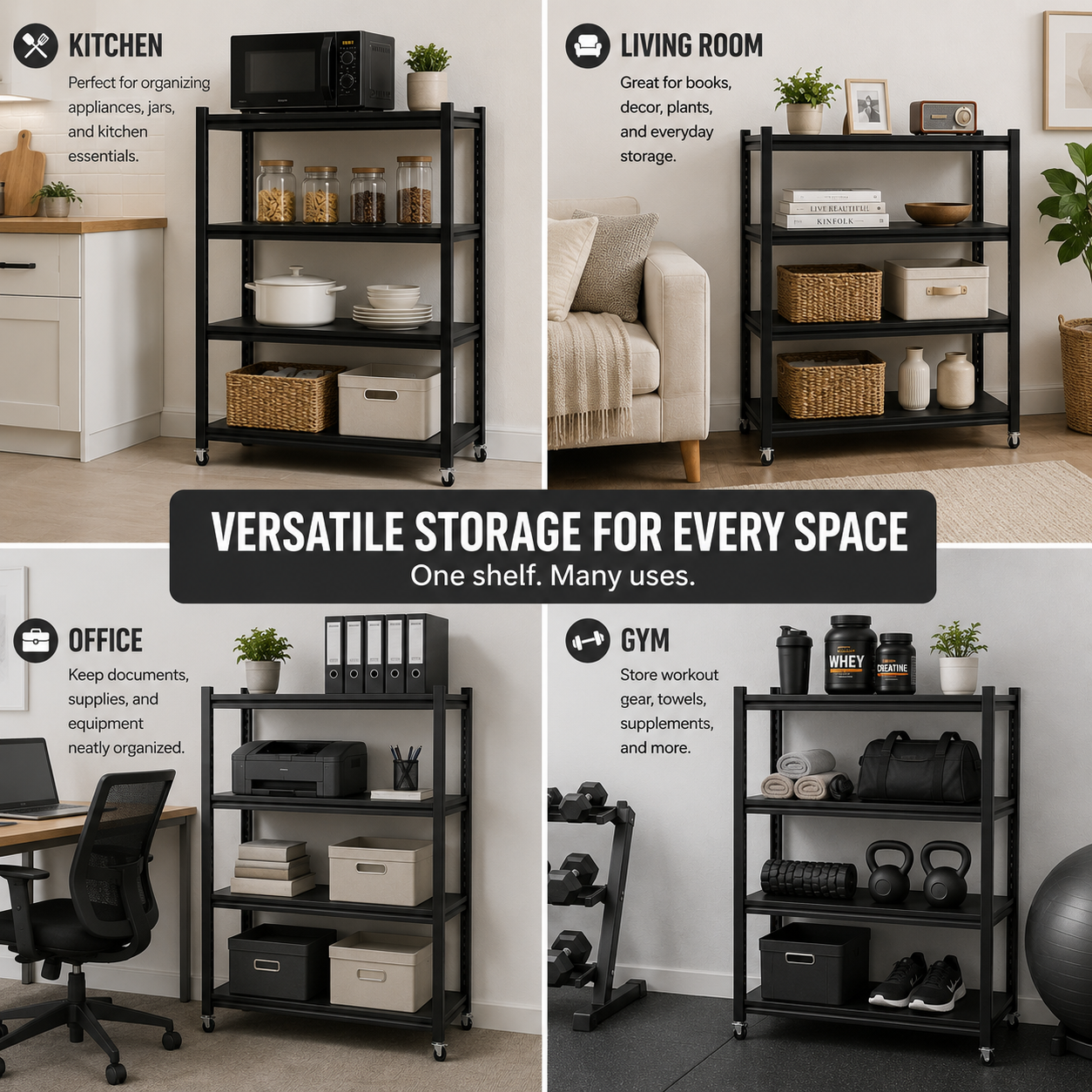 4-Tier Rolling Storage Shelf Organizer is used at multiple setting.