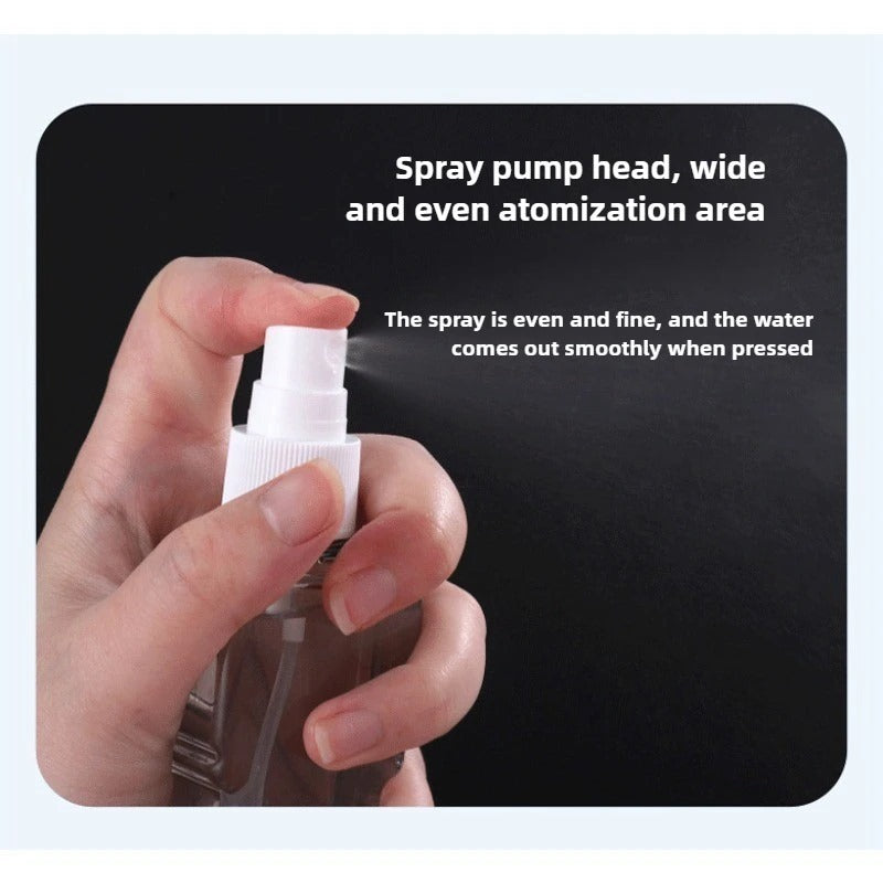A Person is Pressing the Spray Pump Head of Bottle from 4 Pcs Portable Travel Toiletry Bottle Set.