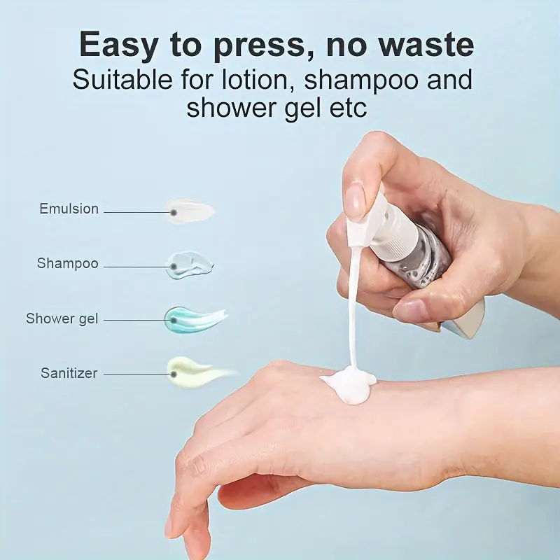 A Person is Pressing the Nozzle of Bottle from 4 Pcs Portable Travel Toiletry Bottle Set 