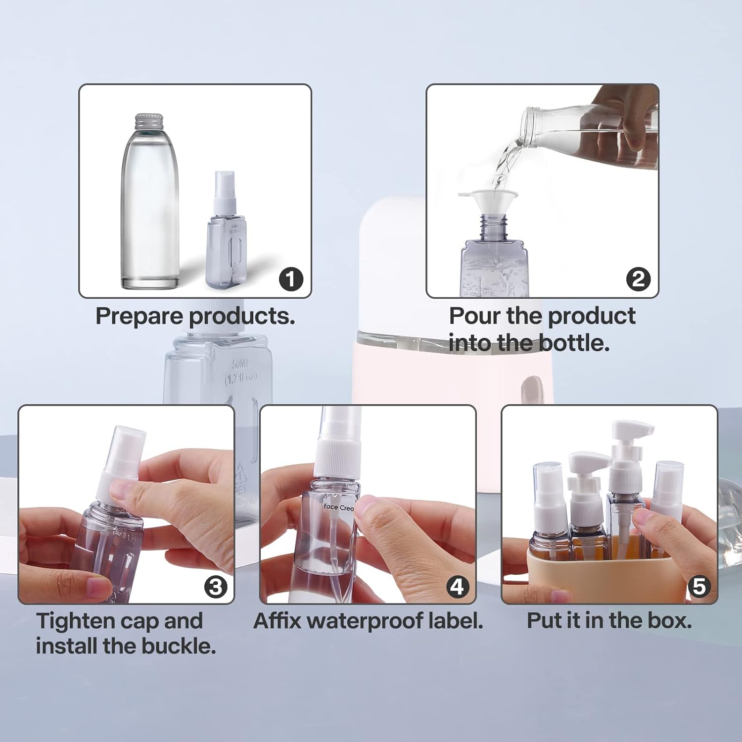 A Hand is Demonstrating the Filling of 4 Pcs Portable Travel Toiletry Bottle Set.
