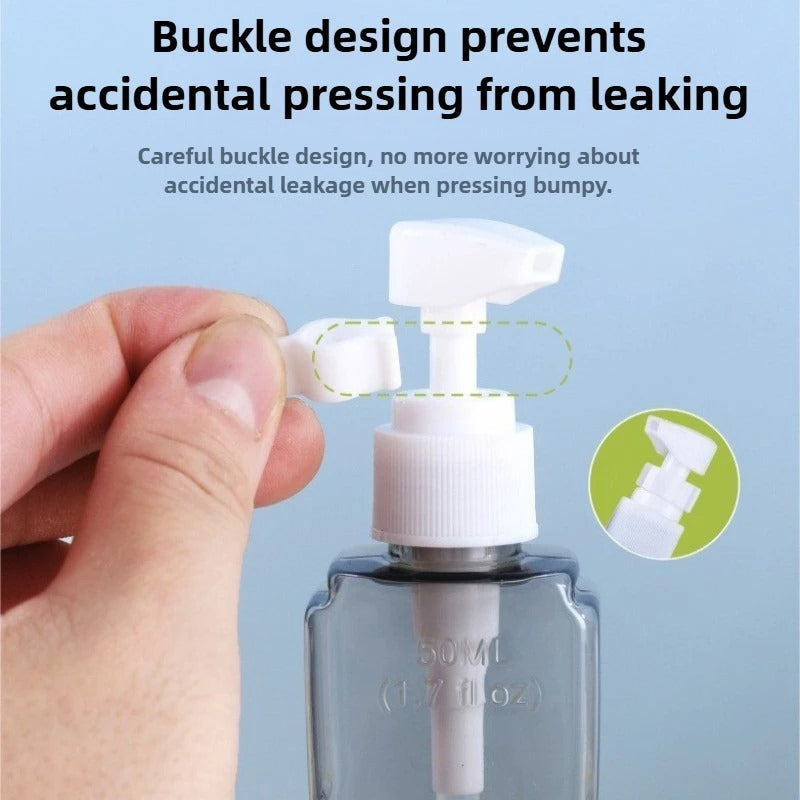 A Person is Holding the Buckle of Bottle from 4 Pcs Portable Travel Toiletry Bottle Set.