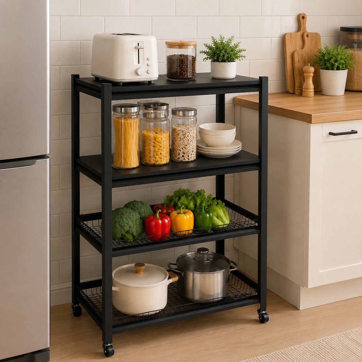 4-Tier Rolling Kitchen Storage Rack  with food items in a kitchen setting