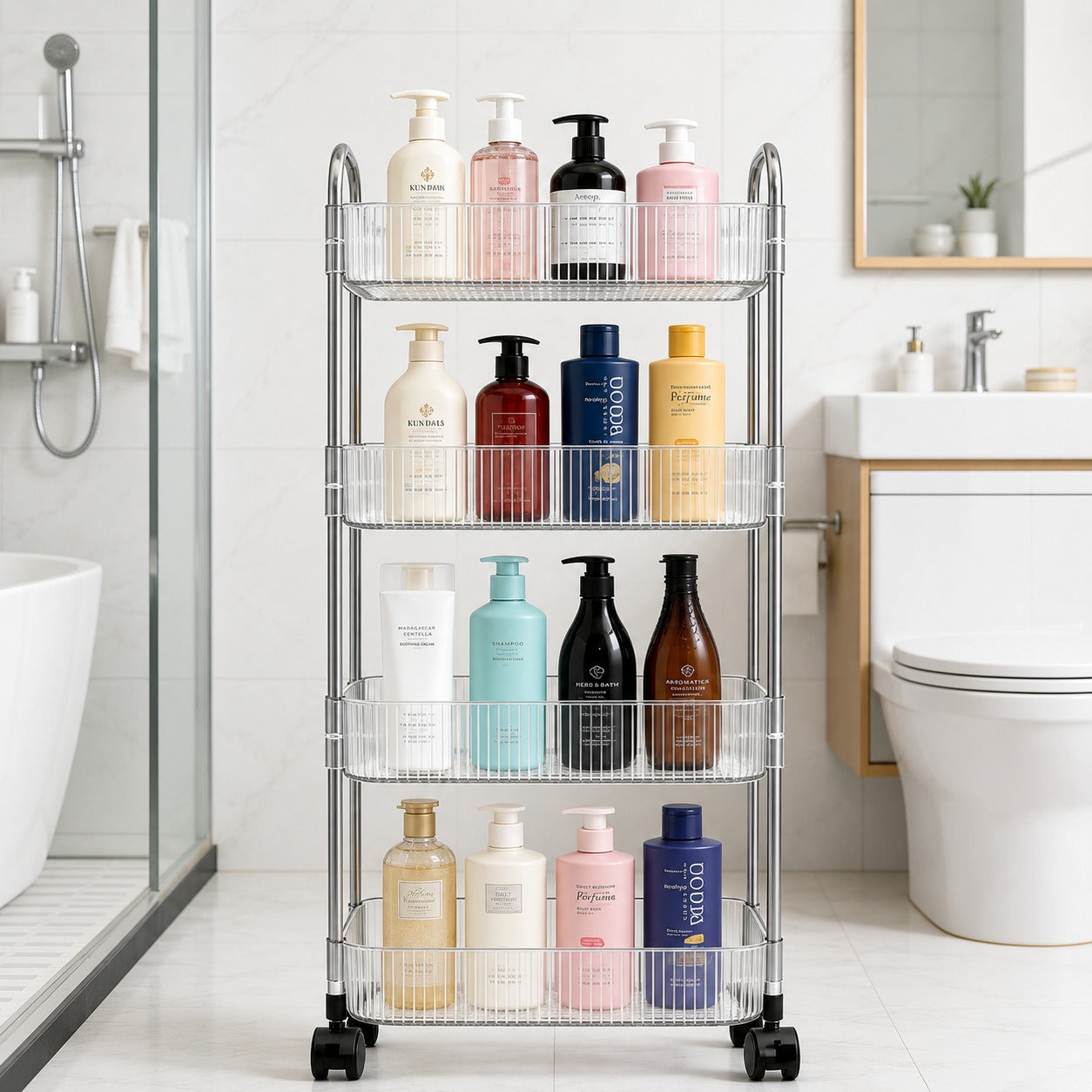 4-Tier Rolling Storage Cart with various bottles on wheels in a bathroom setting