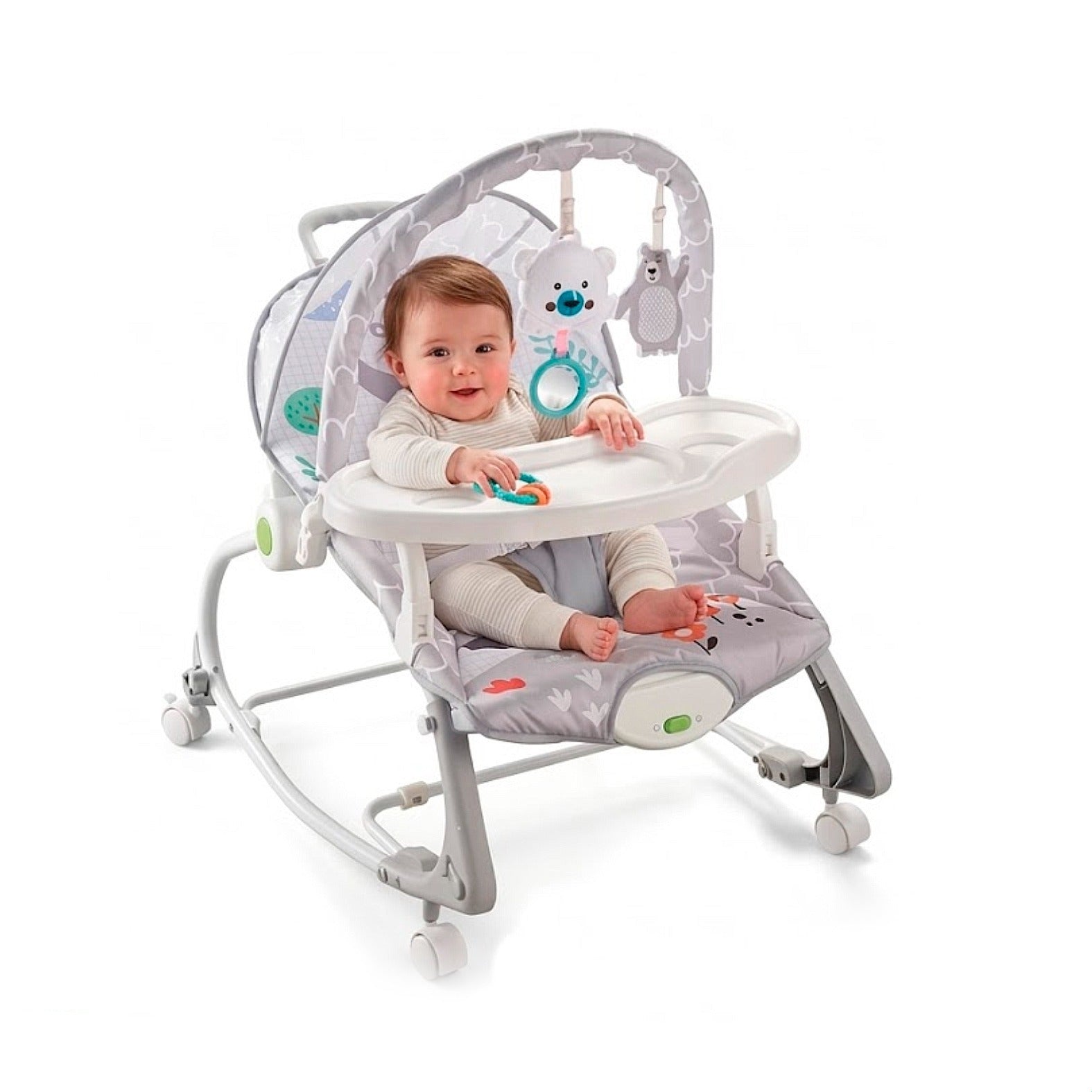 Baby in a 4-in-1 Baby Rocker Chair on a white background