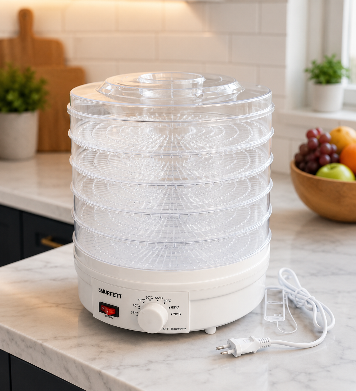 White food dehydrator on a kitchen counter with a bowl of fruit in the background.