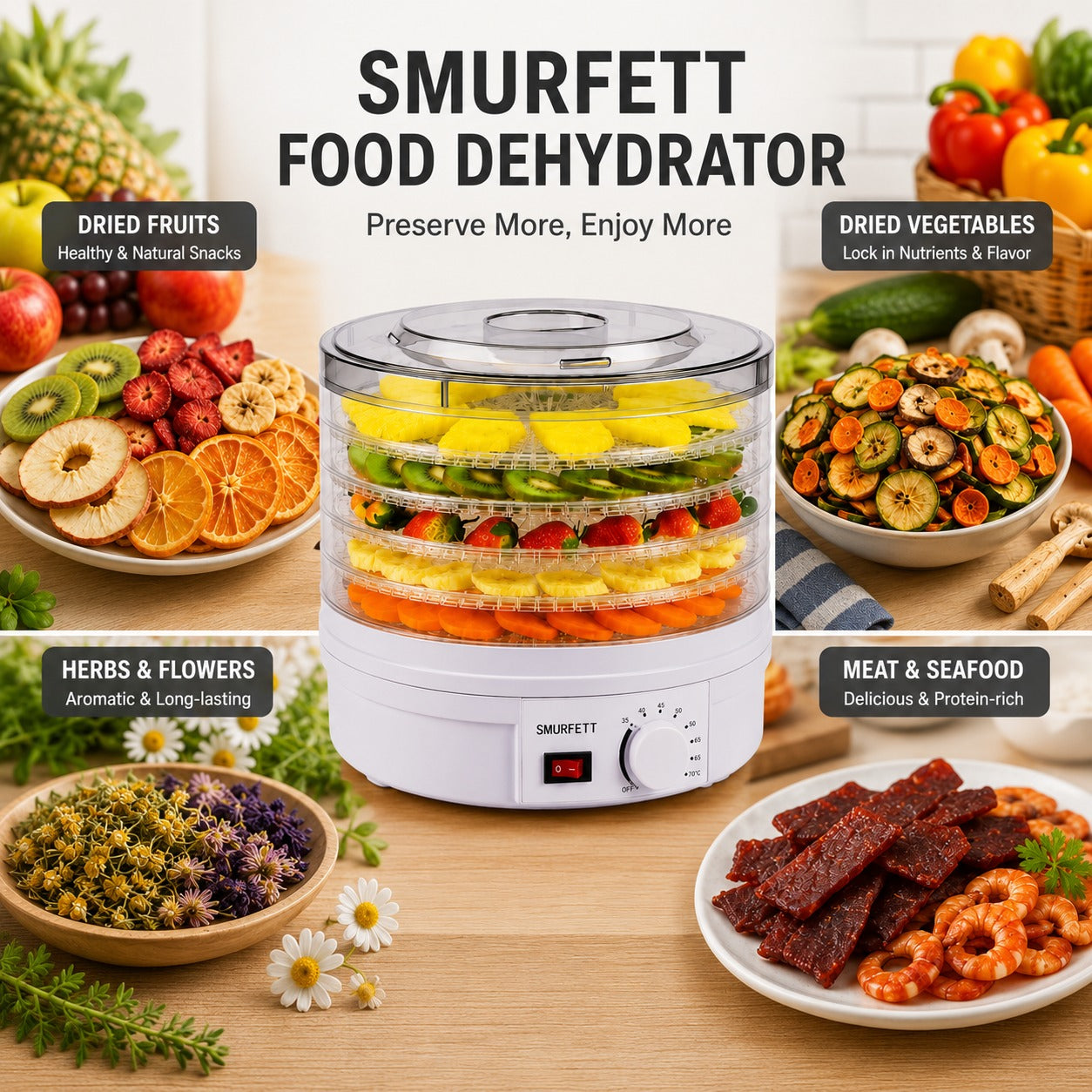Food dehydrator with dried fruits, vegetables, herbs, and meats displayed around it.