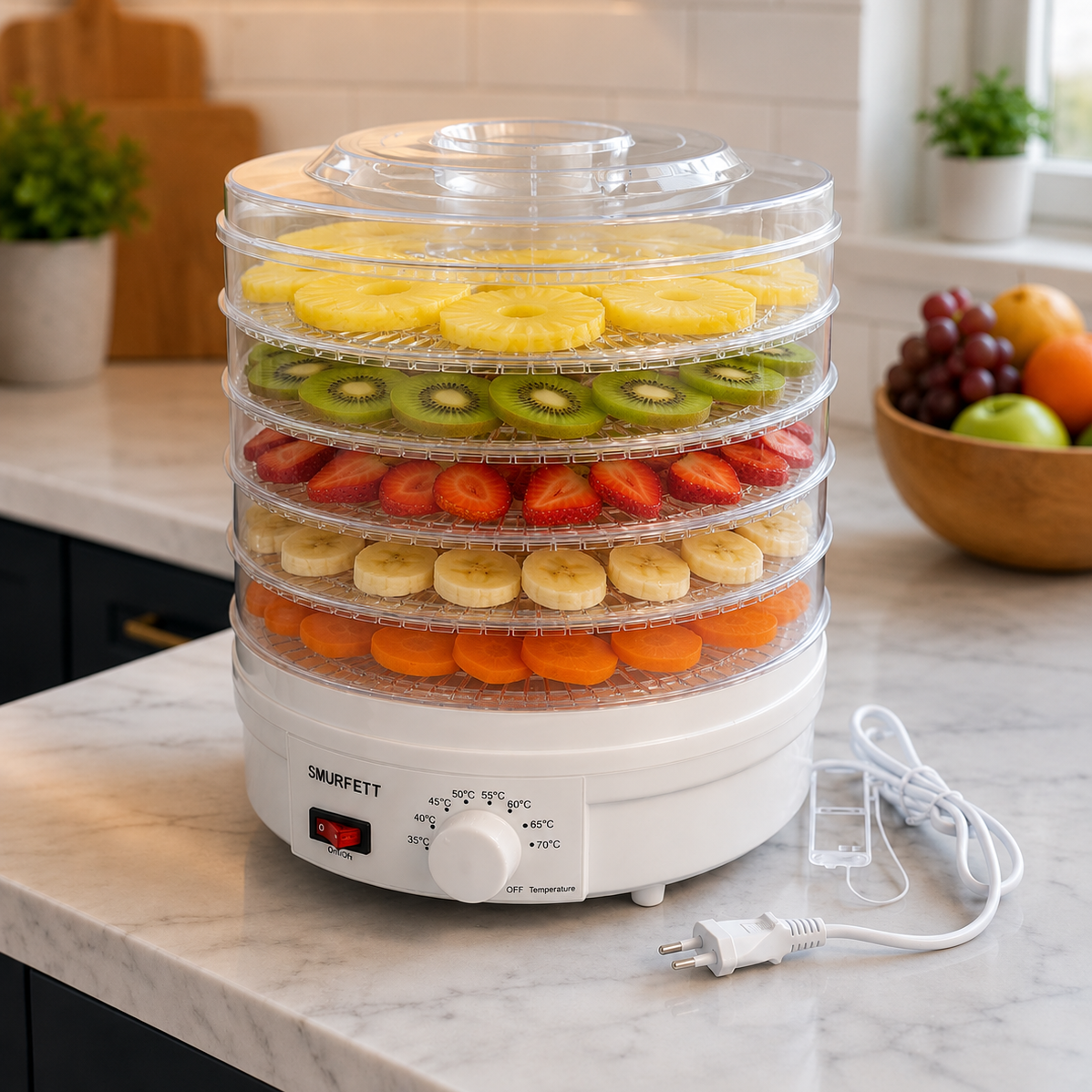 5-Layer Food Dehydrator Machine on a kitchen counter with various fruits on trays