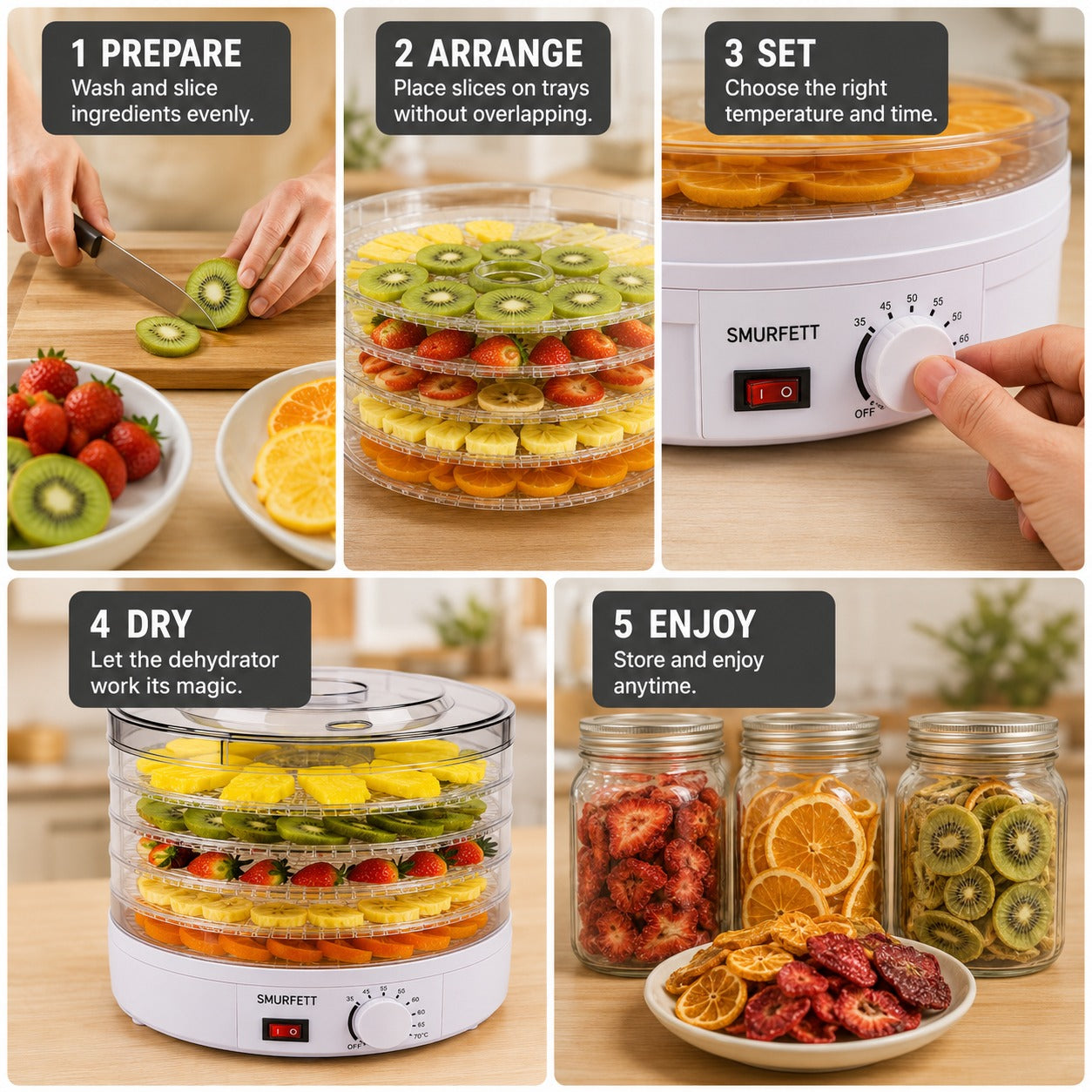 Step-by-step guide on using a food dehydrator with images of fruits and vegetables being dried.